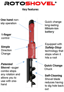 Rotoshovel - Powered Handheld Shovel with Auger & Safety Shutoff for Gardening, Landscaping & Planting - 12 Volt Battery & Charger Included